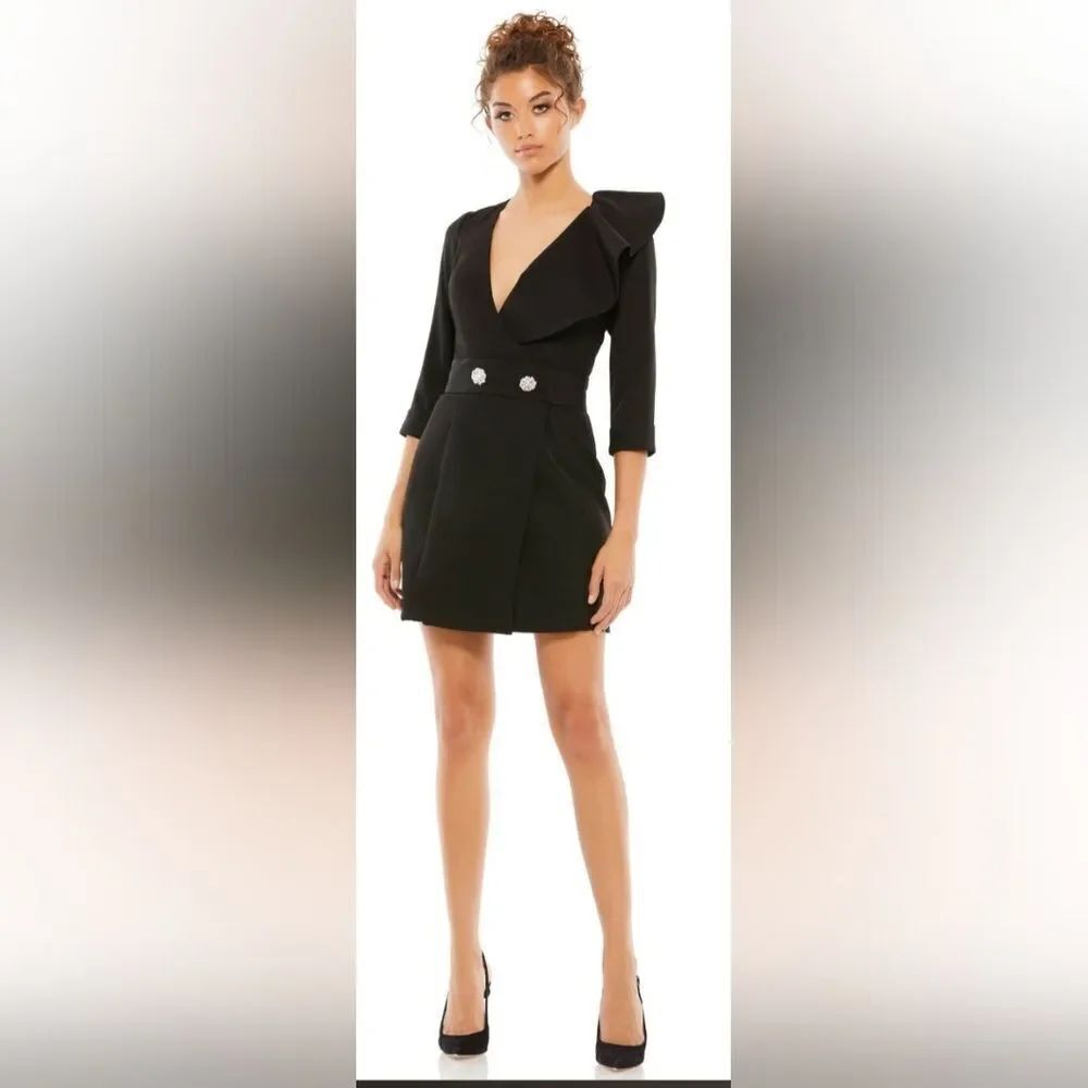 Mac Duggal 55692 Ruffled Faux Tuxedo Mini Dress NWT Size 10 Black
